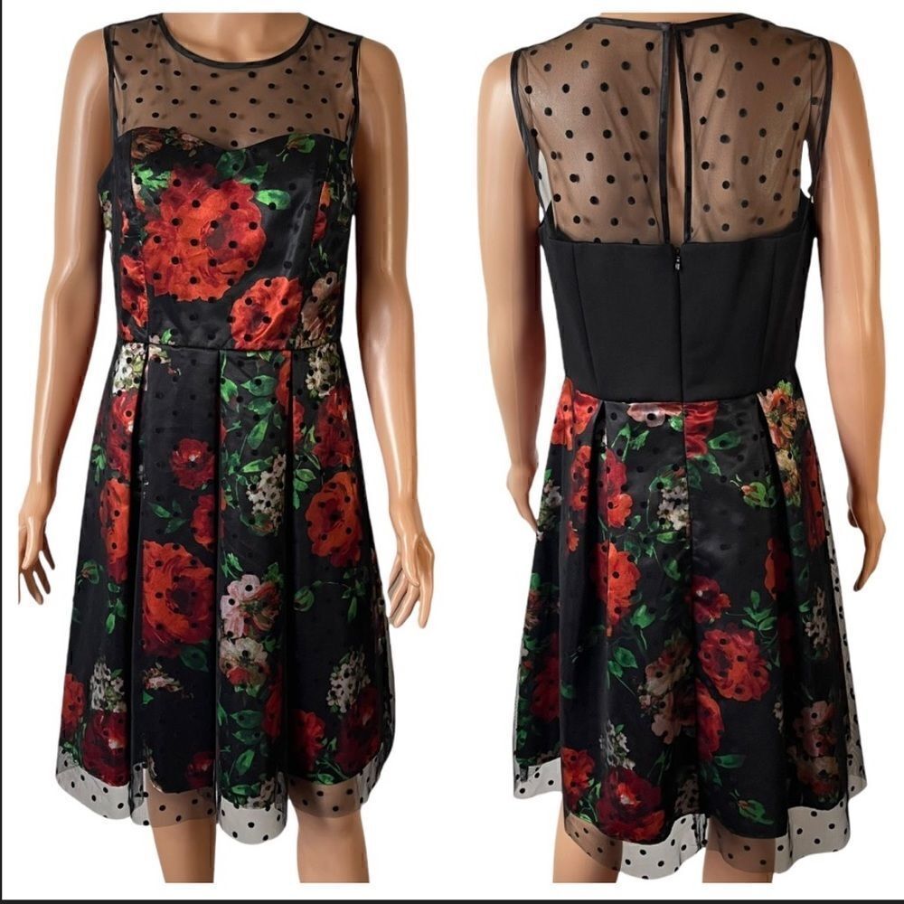 Studio One Blk Polka Mesh Rose Print Dress Sz 8